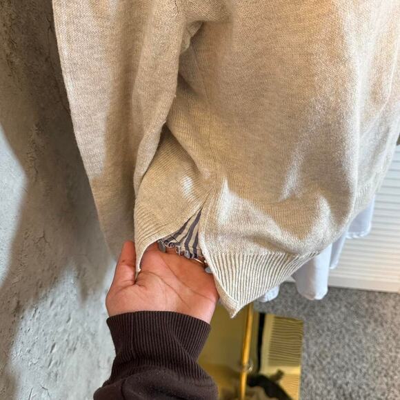 Cream Cable Knit Fall Sweater with Blue Pinstripe Detail - Picture 4 of 8